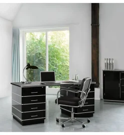 Schreibtisch Stahlblech Chromleiste